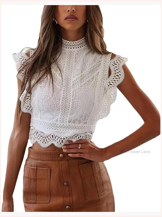 Tops - Sleeveless Lace Blouse Elegant Ruffle Trim Summer Top